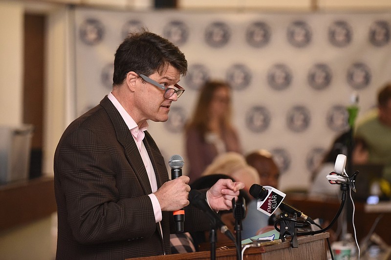 Grant Tennille, chair of the Democratic Party of Arkansas, speaks during the State Committee of the Democratic Party of Arkansas' regular quarterly meeting at the International Brotherhood of Teamsters Local 878 in Little Rock in this Dec. 10, 2022 file photo. (Arkansas Democrat-Gazette/Staci Vandagriff)