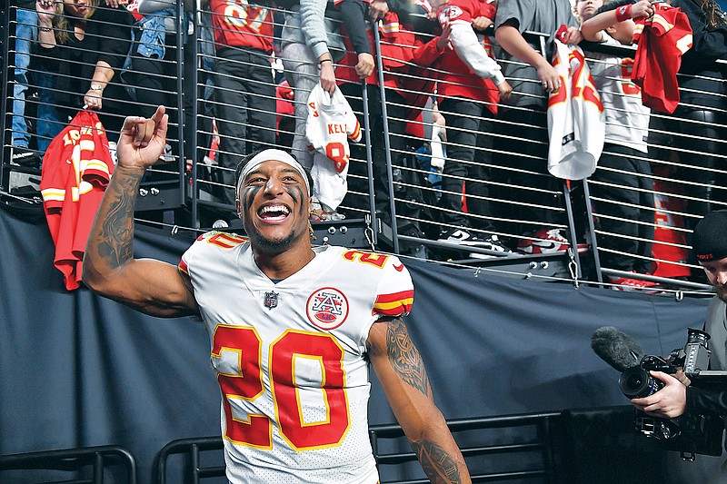 Chiefs safety Justin Reid celebrates following last Saturday’s 31-13 win against the Raiders in Las Vegas. (Associated Press)