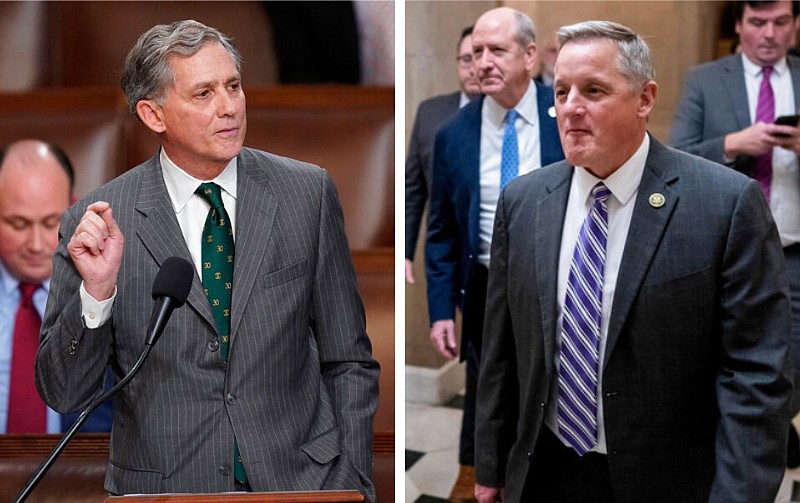 Two of Arkansas' congressmen, Reps. French Hill (left) and Bruce Westerman, both R-Ark., were part of the negotiating team that worked on building support for U.S. Rep. Kevin McCarthy, R-Calif., for House speaker. At left, Hill nominates McCarthy for House speaker in the chamber in Washington on Thursday, Jan. 5, 2023. It was McCarthy's 11th nomination for House speaker. At right, Westerman follows McCarthy (not shown) into the House chamber to continue voting for House speaker on Friday, Jan. 6, 2023. The congressman to Westerman's left is Rep. Dan Bishop, D-N.C.; the man at right is unidentified. (Left, AP/Alex Brandon; right, AP/J. Scott Applewhite)