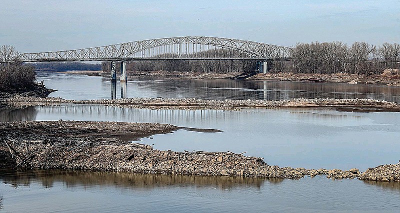 Historically low snowfall in the plains and mountains in the Missouri River Basin, as well as tributary runoff, has contributed to less water in the reservoirs that feed the lower Missouri River. Due to those reduced levels, the Army Corps of Engineers shortened the navigation season on the Missouri River by about a week in 2022. (Julie Smith/News Tribune photo)