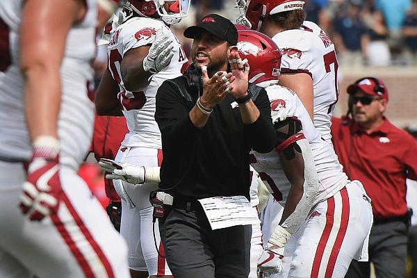Arkansas offensive coordinator Kendal Briles reacts, Saturday, October 9, 2021 during the third quarter of a football game at Vaught Hemingway Stadium in Oxford, Miss. Arkansas offensive coordinator Kendal Briles reacts, Saturday, October 9, 2021 during the third quarter of a football game at Vaught Hemingway Stadium in Oxford, Miss.