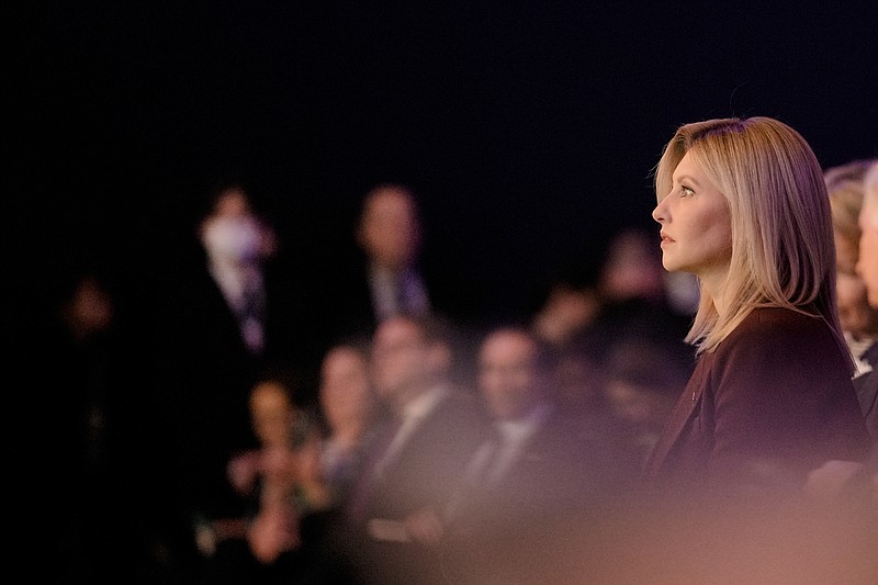 First Lady of Ukraine Olena Zelenska attends a session at the World Economic Forum in Davos, Switzerland Tuesday, Jan. 17, 2023. The annual meeting of the World Economic Forum is taking place in Davos from Jan. 16 until Jan. 20, 2023. (AP Photo/Markus Schreiber)