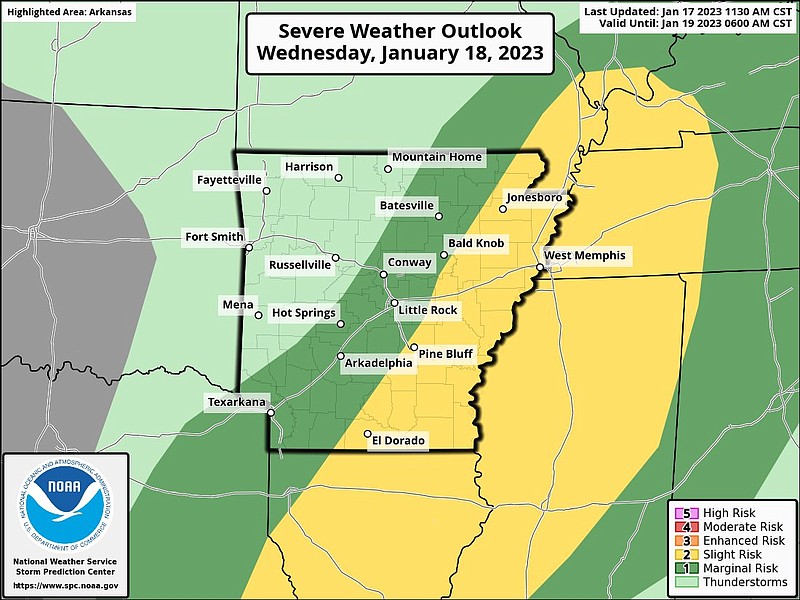 This graphic from the National Weather Service indicates parts of southern and eastern Arkansas are at risk for severe thunderstorms on Wednesday. (National Weather Service/Twitter)