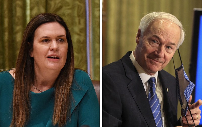 Gov. Sarah Huckabee Sanders (left) and then-Gov. Asa Hutchinson are shown at the state Capitol in Little Rock in these photos from Jan. 11, 2023, and March 2, 2021, respectively. Sanders was signing an executive order, while Hutchinson was preparing to address his weekly covid update news conference. (Left, Arkansas Democrat-Gazette/Staci Vandagriff; right, Arkansas Democrat-Gazette/Staton Breidenthal)