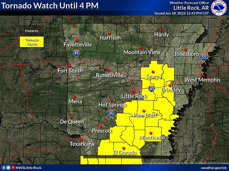Portions of southern and eastern Arkansas were under a tornado watch on Wednesday, according to this National Weather Service graphic.