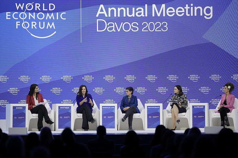 World Economic Forum Managing Director Saadia Zahidi; (from left) Michigan Gov. Gretchen Whitmer; Arancha Gonzalez Laya; Dean of PSIA; Sviatlana Tsikhanouskaya, leader of the Democratic Forces of Belarus; and activist Masih Alinejad lead a discussion Thursday at the annual forum in Davos, Switzerland.
(AP Photo/Markus Schreiber)