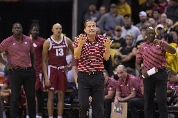 Arkansas head coach Eric Musselman argues a call during the second half of the team's NCAA college basketball game against Missouri on Wednesday, Jan. 18, 2023, in Columbia, Mo. Missouri won 79-76. (AP Photo/L.G. Patterson)