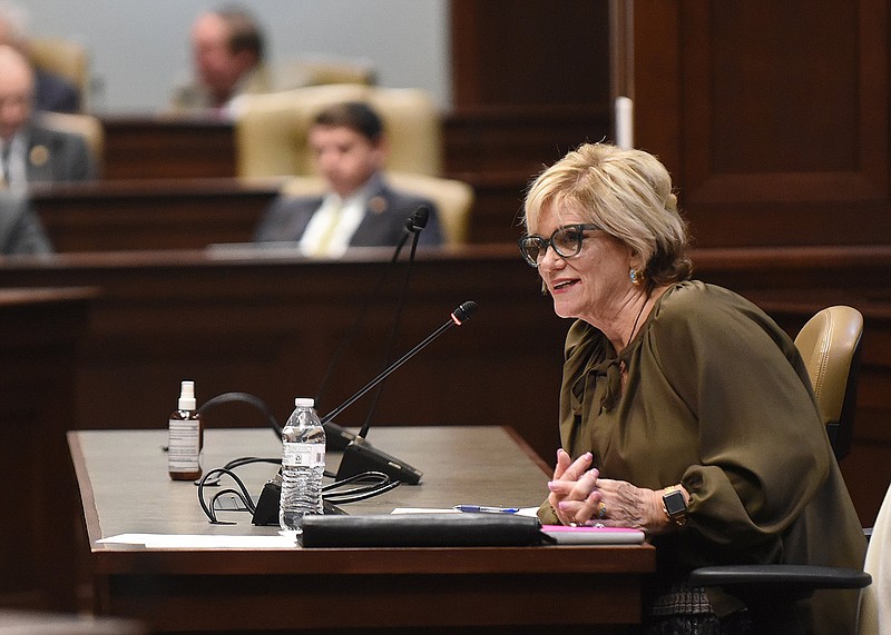 Kay Barnhill, state personnel director, answers questions from legislators Thursday during the personnel subcommittee meeting at the state Capitol.
(Arkansas Democrat-Gazette/Staci Vandagriff)