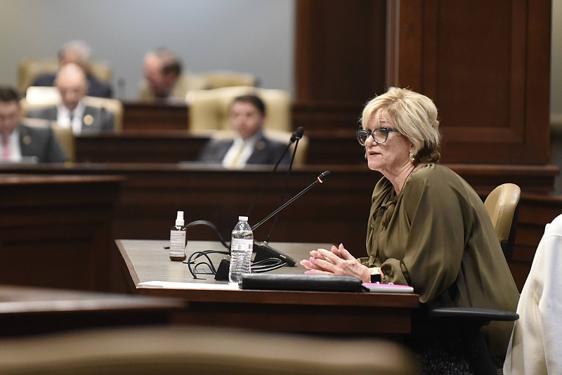 Kay Barnhill, state personnel administrator of the TSS Office of Personnel Management, answers questions from legislators Thursday during the personnel subcommittee meeting at the state Capitol.
(Arkansas Democrat-Gazette/Staci Vandagriff)