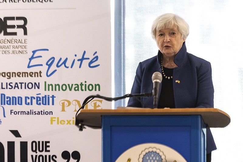 U.S. Treasury Secretary Janet Yellen delivers a speech to the General Delegation for Rapid Entrepreneurship of Women and Youth in Dakar, Senegal, on Friday.
(AP/Stefan Kleinowitz)