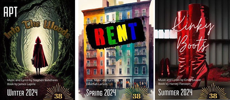 Posters for upcoming productions of Into the Woods, Rent and Kinky Boots at the Arkansas Public Theatre.