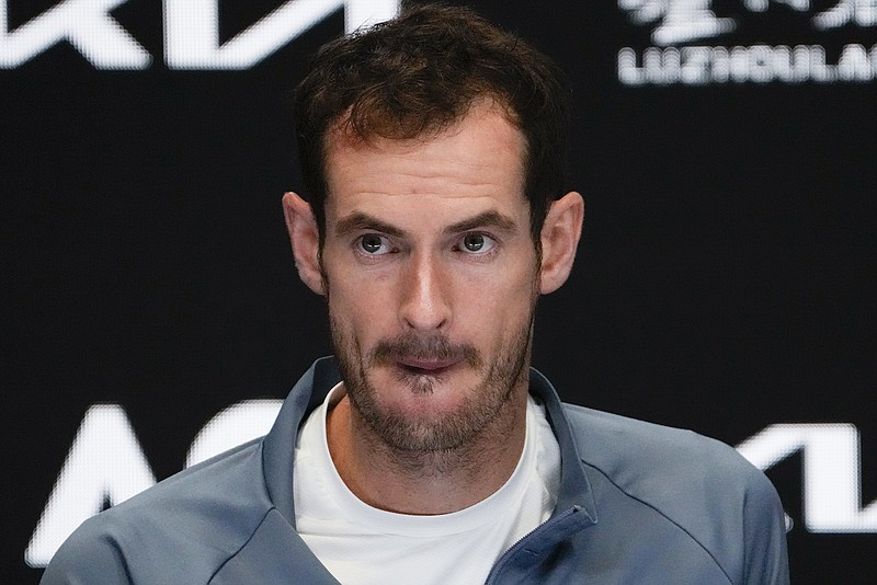 Andy Murray of Britain reacts during a press conference following his third loss to Roberto Bautista Agut of Spain at the Australian Open tennis championship in Melbourne, Australia, Saturday, Jan. 21, 2023. (AP Photo/Ng Han Guan)