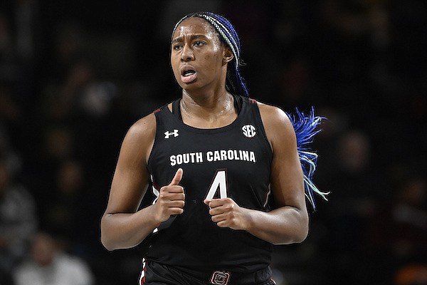 South Carolina forward Aliyah Boston (4) plays against Vanderbilt during the second half of an NCAA college basketball game Thursday, Jan. 19, 2023, in Nashville, Tenn. Boston had 16 points and 10 rebounds matching a South Carolina program record with her 72nd double-double. (AP Photo/Mark Zaleski)