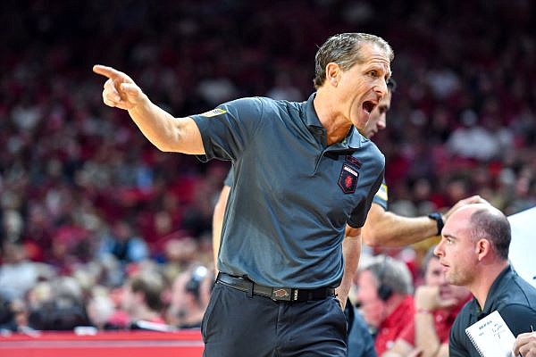 Arkansas head coach Eric Musselman reacts, Saturday, Jan. 21, 2023, during the first half of the Razorbacks’ 69-57 win over the Ole Miss Rebels at Bud Walton Arena in Fayetteville. Visit nwaonline.com/photo for today's photo gallery....(NWA Democrat-Gazette/Hank Layton)