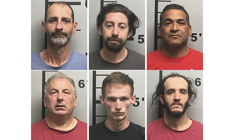 Dennis Bree, from top left, David Caldwell, David Keith Guilllermo, Thomas Hartman, from bottom left, Skyler Patton and Mitchell Sanders were arrested in connection with various offenses during a narcotics and firearms investigation.