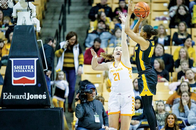 Katlyn Gilbert of Missouri puts up a shot against the defense of Tess Darby of Tennessee during Sunday’s game at Mizzou Arena in Columbia. (Emma Ramsey/Tennessee Athletics)