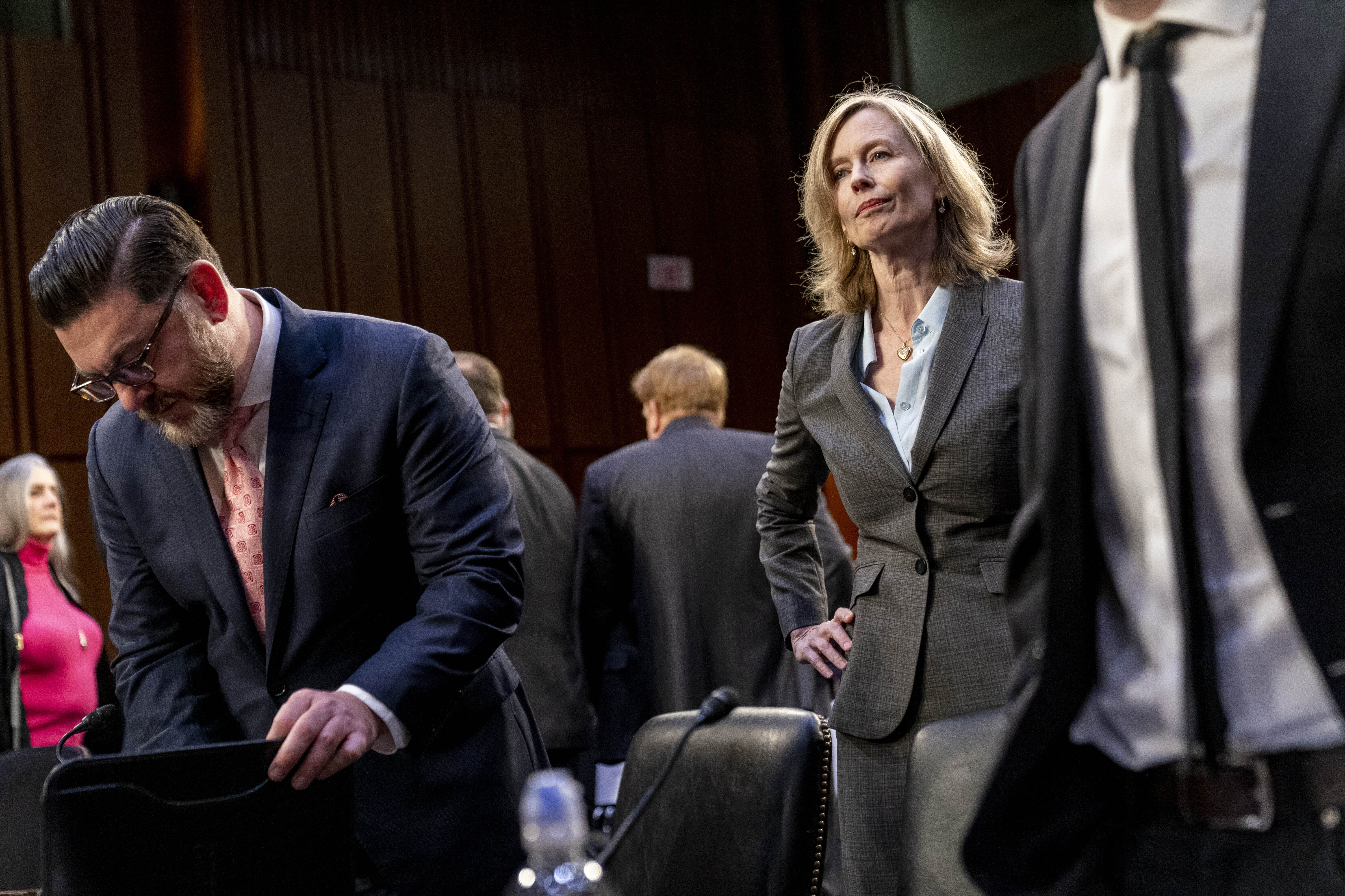 The James Madison Institute Senior Vice President Sal Nuzzo, left, and American Antitrust Institute Vice President For Legal Advocacy Kathleen Bradish, right, appear before a Senate Judiciary Committee hearing to examine promoting competition and protecting consumers in live entertainment on Capitol Hill in Washington, Tuesday, Jan. 24, 2023. (AP Photo/Andrew Harnik)