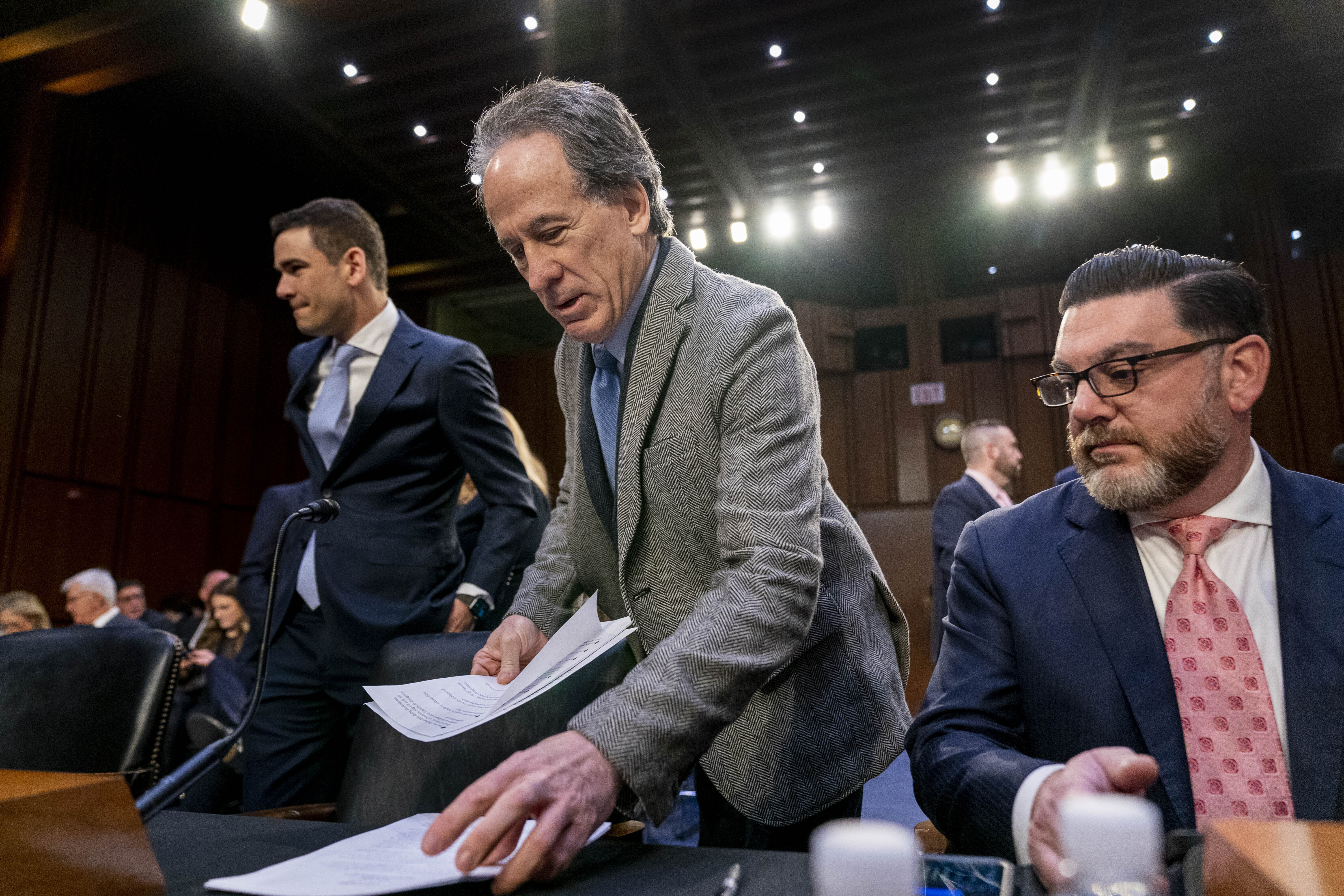 From left, SeatGeek, Inc. Chief Executive Officer Jack Groetzinger, Jam Productions LLC Chief Executive Officer And President Jerry Mickelson, and The James Madison Institute Senior Vice President Sal Nuzzo, appear to testify before a Senate Judiciary Committee hearing to examine promoting competition and protecting consumers in live entertainment on Capitol Hill in Washington, Tuesday, Jan. 24, 2023. (AP Photo/Andrew Harnik)