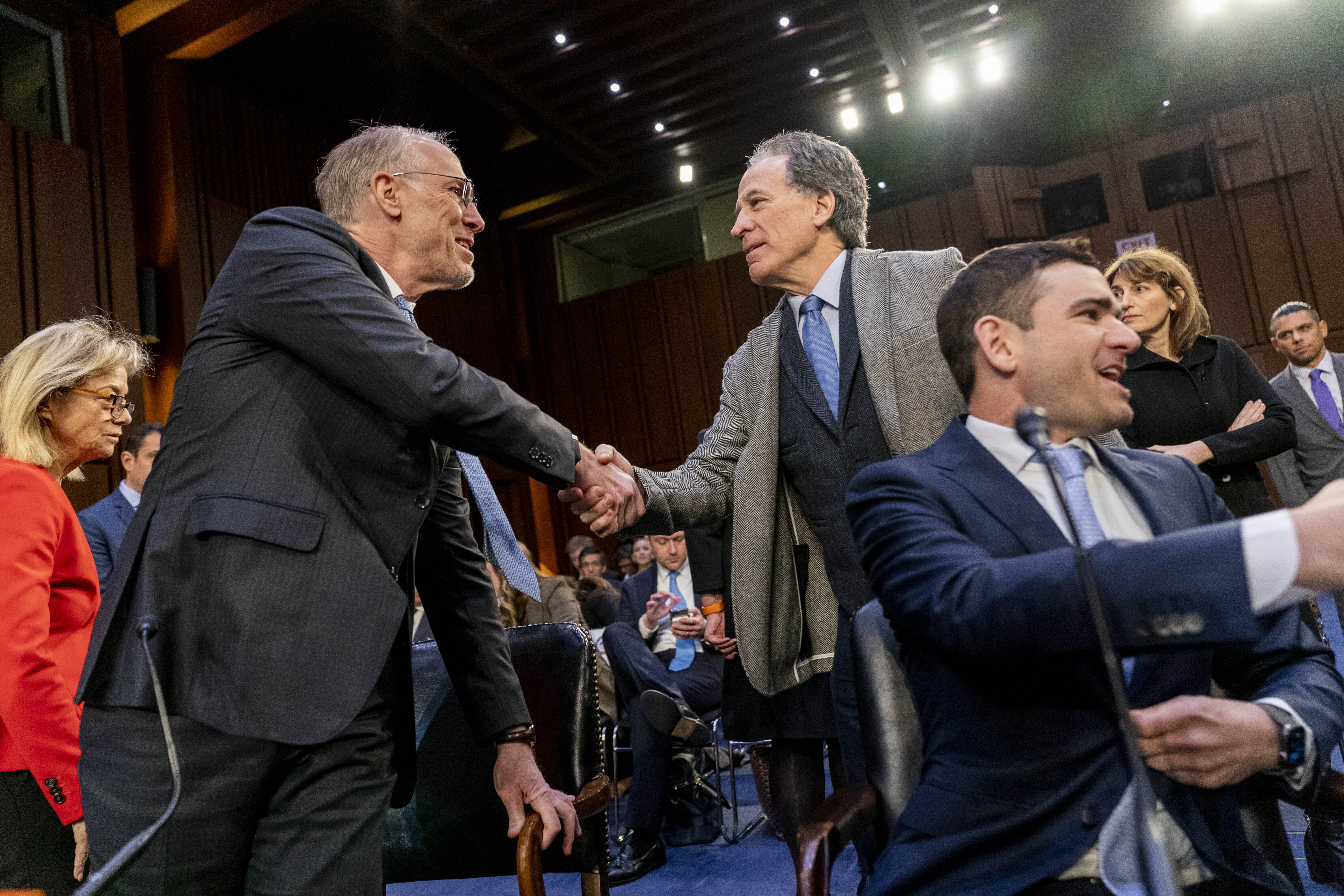 From left, Live Nation Entertainment, Inc. President And Chief Financial Officer Joe Berchtold, Jam Productions LLC Chief Executive Officer and President Jerry Mickelson, and SeatGeek, Inc. Chief Executive Officer Jack Groetzinger, arrive to testify before a Senate Judiciary Committee hearing to examine promoting competition and protecting consumers in live entertainment on Capitol Hill in Washington, Tuesday, Jan. 24, 2023. (AP Photo/Andrew Harnik)