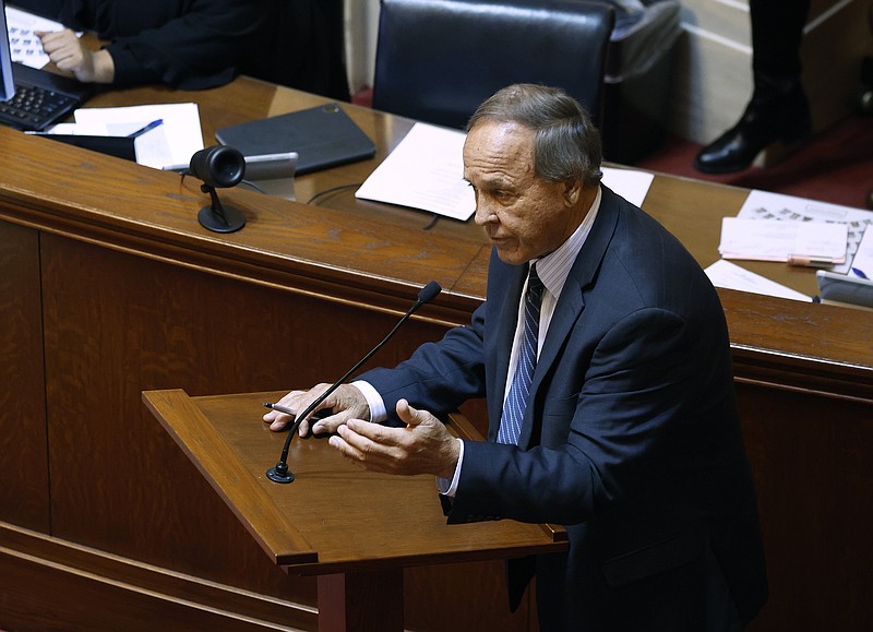 Sen. Gary Stubblefield, R-Branch, presents SB43, a bill that would classify drag performances as adult-oriented businesses, during the Senate session on Tuesday, Jan. 24, 2023, at the state Capitol in Little Rock. (Arkansas Democrat-Gazette/Thomas Metthe)