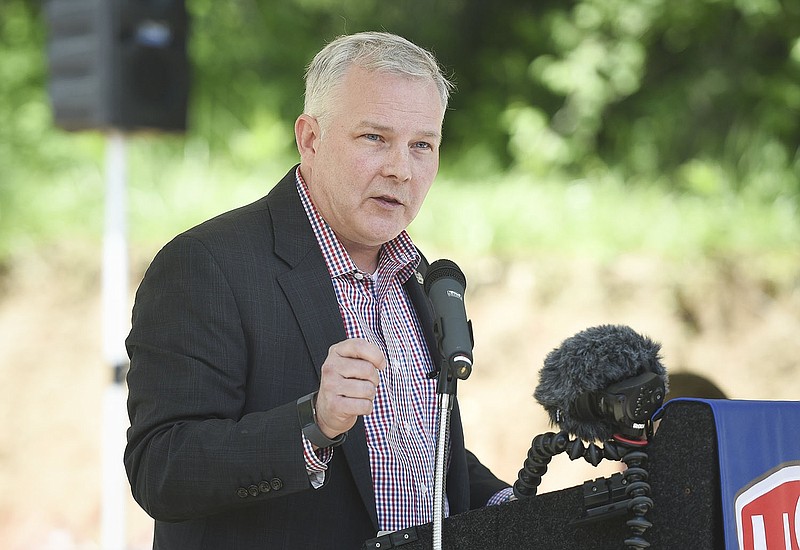 Lt. Governor Tim Griffin speaks, Thursday, May 6, 2021 at the site of the new LISA Academy Public Charter school in Rogers. LISA Academy Public Charter Schools broke ground on the new LISA Rogers-Bentonville school campus. (NWA Democrat-Gazette/Charlie Kaijo)