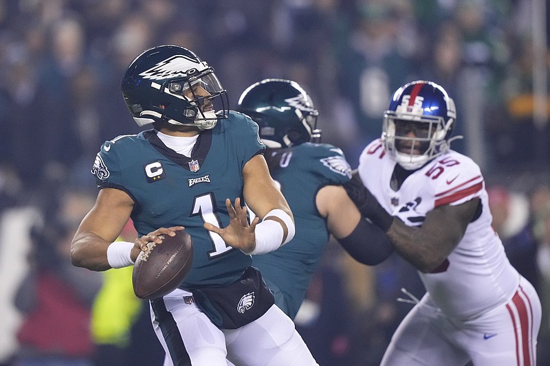 Philadelphia quarterback Jalen Hurts led the Eagles to the top seed in the NFC and a playoff victory over the New York Giants last week, garnering him serious league MVP consideration. “I think he should win it,” Philadelphia tight end Dallas Goedert said of Hurts’ MVP chances. “I think he’s been the biggest piece of what we’ve done this year.”
(AP/Matt Rourke)