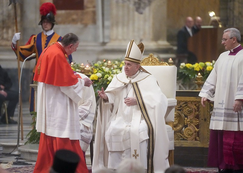 President of the Dicastery for Promoting Christian Unity, Swiss Cardinal Kurt Koch (left), greets Pope Francis at the end of the vespers at which the latter presided in the Roman Basilica of St. Paul Outside The Walls, where the tomb of the Evangelist was built, on Wednesday, the day the Catholic Church celebrates St. Paul’s conversion.
(AP/Gregorio Borgia)