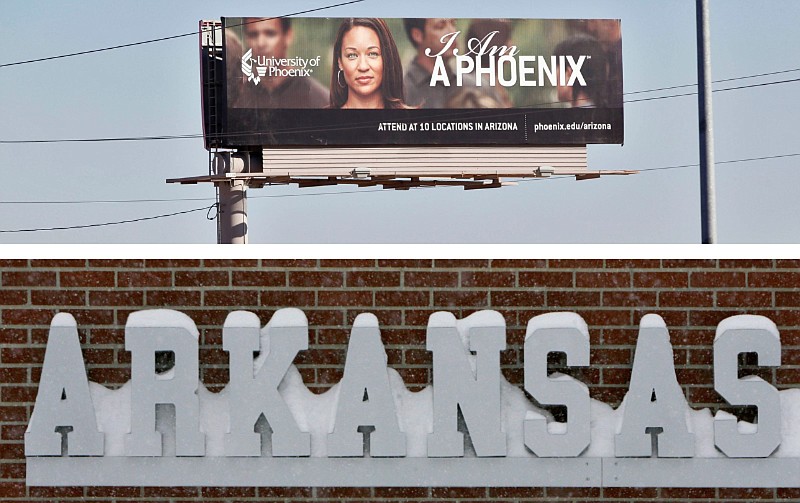 A billboard for the University of Phoenix (top) and a snow-covered sign for the University of Arkansas, Fayetteville are shown in these file photos. The billboard is shown in Chandler, Ariz., on Nov. 24, 2009, while the Arkansas sign is shown at the Fred W. Smith Football Center on the school's Fayetteville campus on Dec. 6, 2013. (Top, AP/Matt York; bottom, NWA Democrat-Gazette/David Gottschalk)