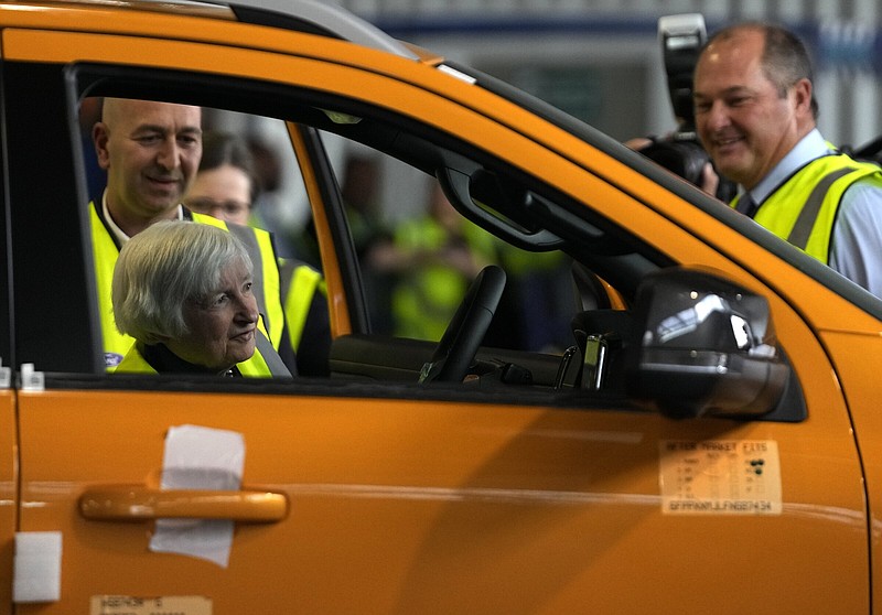 U.S. Treasury Secretary Janet Yellen looks at the interior of a new vehicle on Thursday during a tour at the Ford Assembling Plant in Pretoria, South Africa.
(AP/Themba Hadebe)