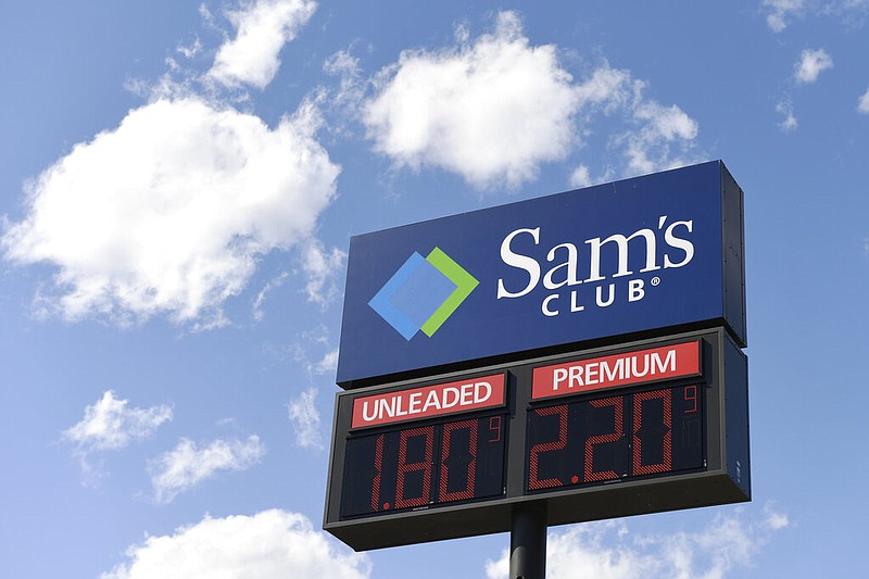 FILE - The price of gas is displayed on a sign at Sam's Club in Annapolis, Md., Monday, March 30, 2020. (AP Photo/Susan Walsh, File)
