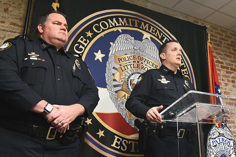 Little Rock police Chief Heath Helton (right) is joined by Assistant Chief Joe Miller during a news conference regarding an officer-involved shooting Thursday.
(Arkansas Democrat-Gazette/Staci Vandagriff)