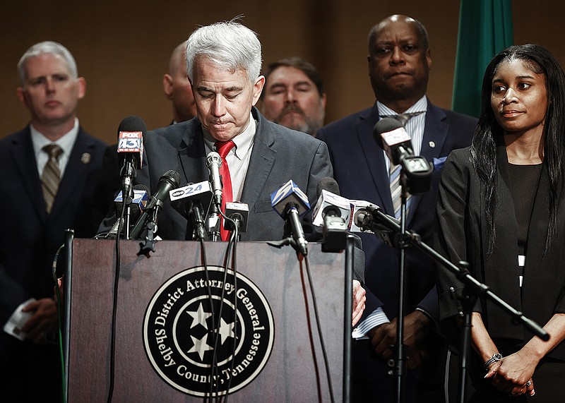 Shelby County, Tenn., District Attorney Steven Mulroy holds a news conference Thursday on the charges against five fired Memphis police officers in the death of Black motorist Tyre Nichols.
(AP/Daily Memphian/Mark Weber)