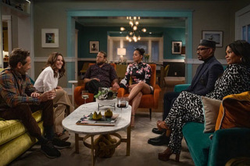 Y’all folks: Arnold (David Duchovny), Shelley (Julia Louis-Dreyfus) Ezra (Jonah Hill), Amira (Lauren London), Akbar (Eddie Murphy) and Fatima (Nia Long) reckon with modern love amid culture clashes, societal expectations and generational differences in the Netflix film “You People.”