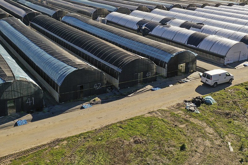 In this photo taken by a drone, police tape cover structures at the California Terra Garden, formerly Mountain Mushroom Farm, in Half Moon Bay, Calif., Thursday, Jan. 26, 2023. Police have charged 66-year-old Chunli Zhao, who was a worker at California Terra Garden, with seven counts of murder, one count of attempted murder and other felony charges in connection with the shootings. A court appearance for Zhao was postponed until Feb. 16. (Santiago Mejia/San Francisco Chronicle via AP)