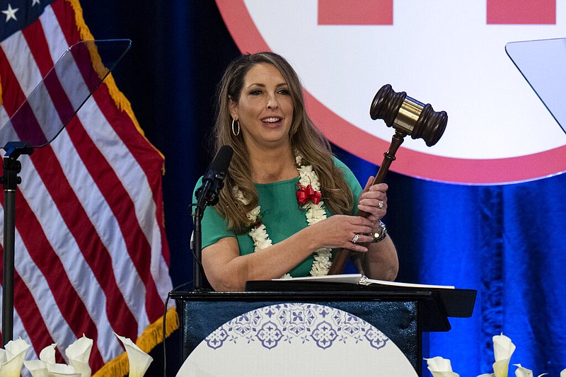 Ronna McDaniel, the reelected chair of the Republican National Committee, holds a gavel while speaking at the committee's winter meeting in Dana Point, Calif., on Friday, Jan. 27, 2023. (AP/Jae C. Hong)