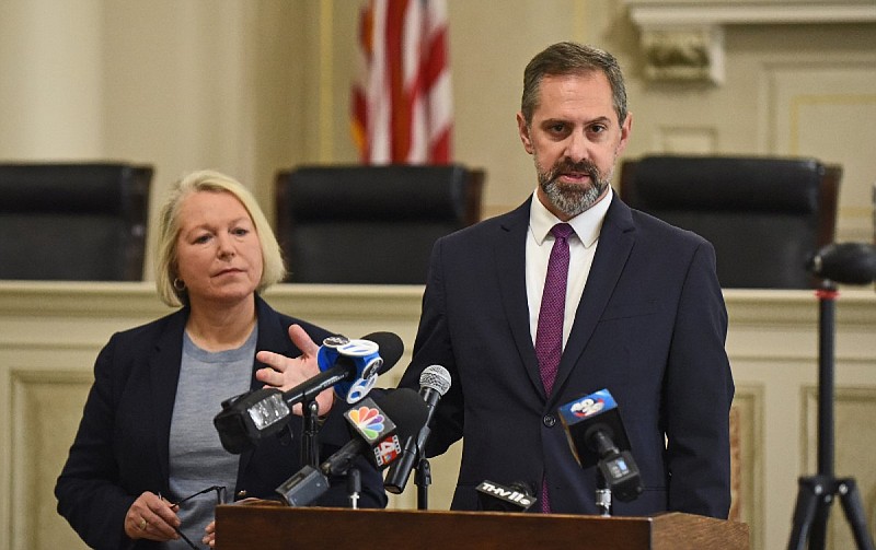 Arkansas state Sen. Greg Leding (right) speaks during a press conference at the state Capitol in Little Rock as state Rep. Tippi McCullough looks on in this Jan. 11, 2023 file photo. (Arkansas Democrat-Gazette/Staci Vandagriff)