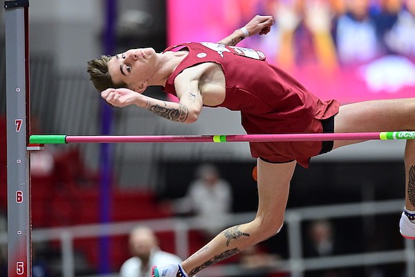 Arkansas' Kason O'Riley competes in the high jump during the Razorback Invitational on Friday, Jan. 27, 2023, in Fayetteville.