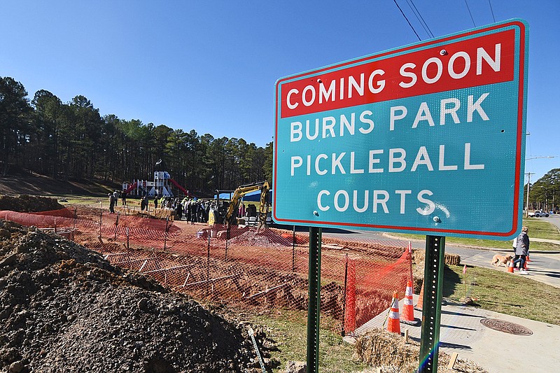 The North Little Rock Parks and Recreation Department holds a groundbreaking ceremony Friday for the new pickleball courts at Burns Park.
(Arkansas Democrat-Gazette/Staci Vandagriff)