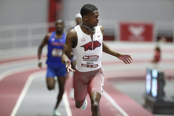 Arkansas' Chris Bailey runs the 400 meters during the Razorback Invitational on Saturday, Jan. 28, 2023, in Fayetteville. Arkansas' Chris Bailey runs the 400 meters during the Razorback Invitational on Saturday, Jan. 28, 2023, in Fayetteville.