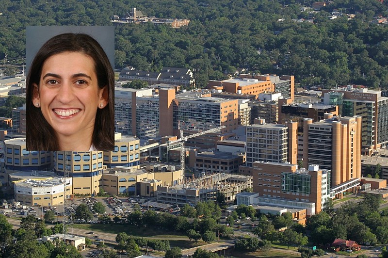 Dr. Nirvana Manning, chairwoman and associate professor in the Department of Obstetrics and Gynecology at the University of Arkansas for Medical Sciences, is shown with the UAMS campus in Little Rock in this undated compilation photo. (Inset, courtesy photo; main, Arkansas Democrat-Gazette/Benjamin Krain)