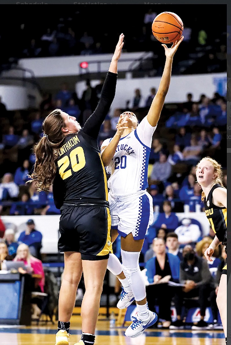 Sarah Linthacum of Missouri defends against Amiya Jenkins of Kentucky during Sunday's game in Lexington, Ky. (Eddie Justice/UK Athletics)
