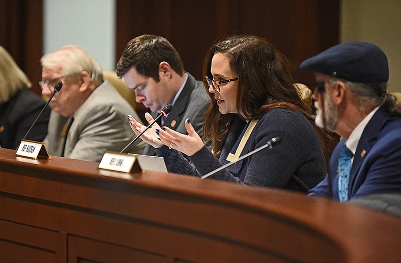 Rep. Ashley Hudson, D-Little Rock, raises a question about the effect the measure would have on performers’ First Amendment rights. “Why isn’t the solution to simply not take your kids if you’re worried about exposing them to these types of performances?” Hudson added.
(Arkansas Democrat-Gazette/Staci Vandagriff)