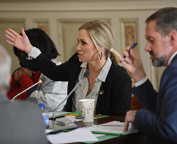 Sen. Breanne Davis, R-Russellville, asks a question during the Senate Committee on Education meeting Wednesday at the state Capitol in Little Rock.
(Arkansas Democrat-Gazette/Staci Vandagriff)