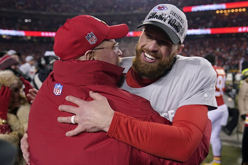 Kansas City Chiefs kicker Harrison Butker (right) hugs Coach Andy Reid after Sunday’s AFC Championship Game. Butker is one of several players the Chiefs opted to stick with in reaching their third Super Bowl in four seasons.
(AP/Jeff Roberson)