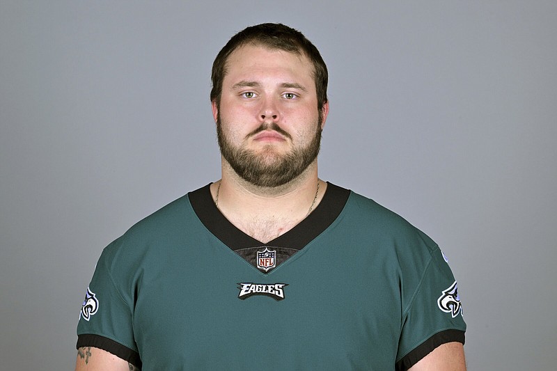 This is a 2022 photo of Josh Sills of the Philadelphia Eagles NFL football team. Josh Sills, a reserve offensive lineman for the NFC champion Philadelphia Eagles, has been indicted on rape and kidnapping charges that stem from an incident in Ohio just over three years ago, authorities said Wednesday, Feb. 1, 2023. (AP Photo, File)