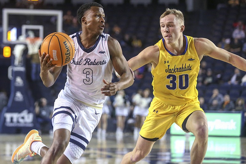 Oral Roberts guard Max Abmas led the nation in scoring two years ago, but his small size may keep from being a high NBA Draft pick.
(AP file photo)