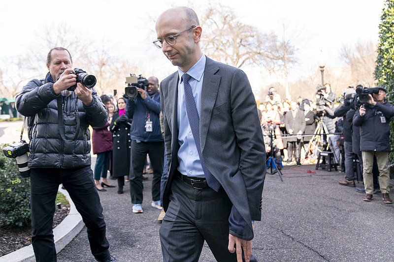 Ian Sams, with the White House counsel’s office, leaves after speaking to reporters outside of the West Wing of the White House on Wednesday in Washington.
(AP/Andrew Harnik)