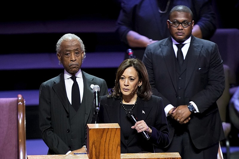 Vice President Kamala Harris speaks during the funeral service for Tyre Nichols on Wednesday at Mississippi Boulevard Christian Church in Memphis. Standing are Rev. Al Sharpton and Rev. J. Lawrence Turner. More photos at arkansasonline.com/202nichols/.
(AP/The Tennessean/Andrew Nelles)