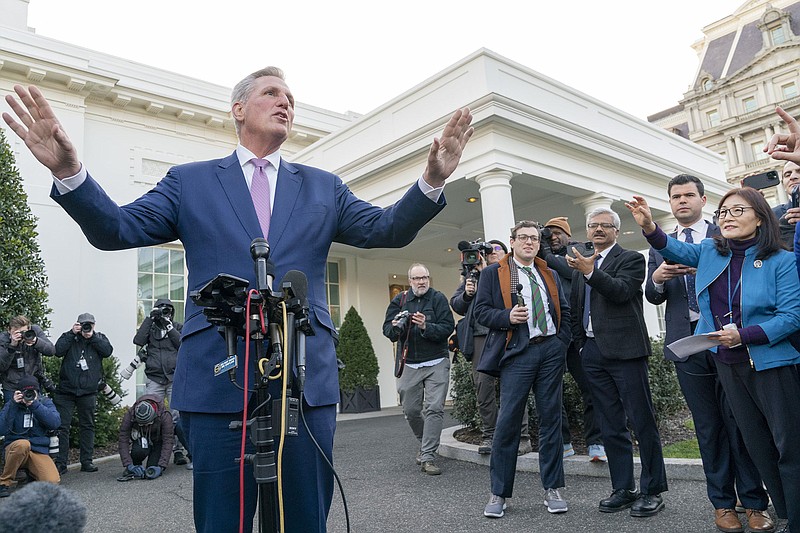 House Speaker Kevin McCarthy, speaking outside the West Wing of the White House on Wednesday after meeting with President Joe Biden, said he told the president the debt limit increase depended on concessions from the Democrats. “I was very clear,” he said. “We’re not spending more next year than we spent this year.”
(AP/Jacquelyn Martin)