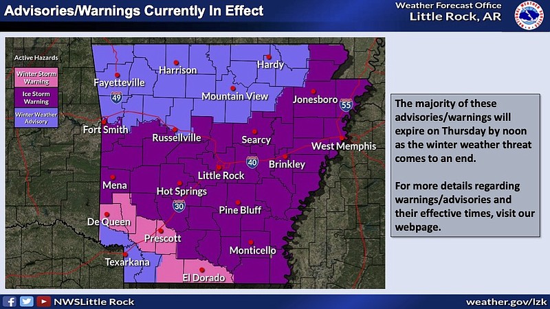 Much of the state remains under an ice storm warning Wednesday, according to this National Weather Service graphic.